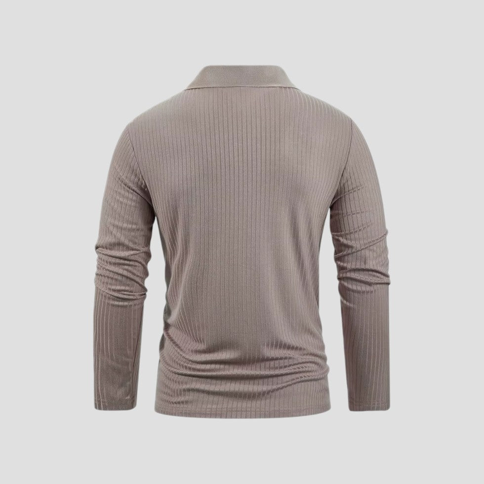 Men's Cotton Long Sleeve Polo Shirt Slim Fit V-Neck Ribbed Top