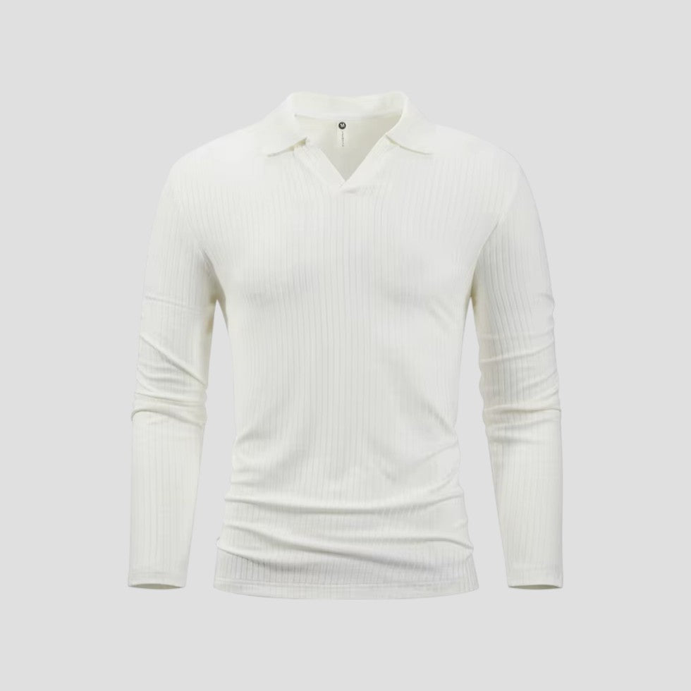 Men's Cotton Long Sleeve Polo Shirt Slim Fit V-Neck Ribbed Top