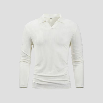 Men's Cotton Long Sleeve Polo Shirt Slim Fit V-Neck Ribbed Top