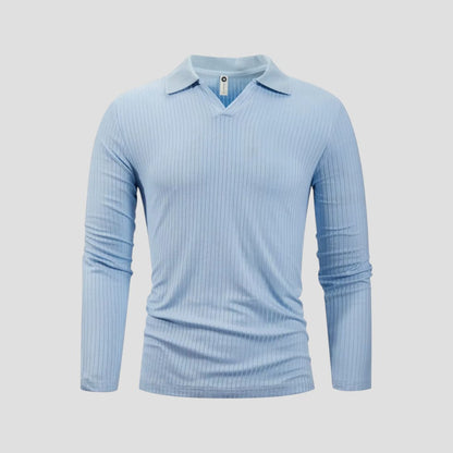 Men's Cotton Long Sleeve Polo Shirt Slim Fit V-Neck Ribbed Top