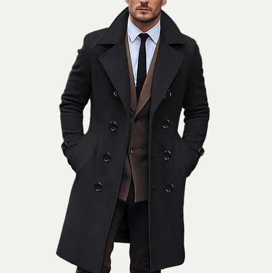 Men’s Double-Breasted Wool-Blend Long Overcoat