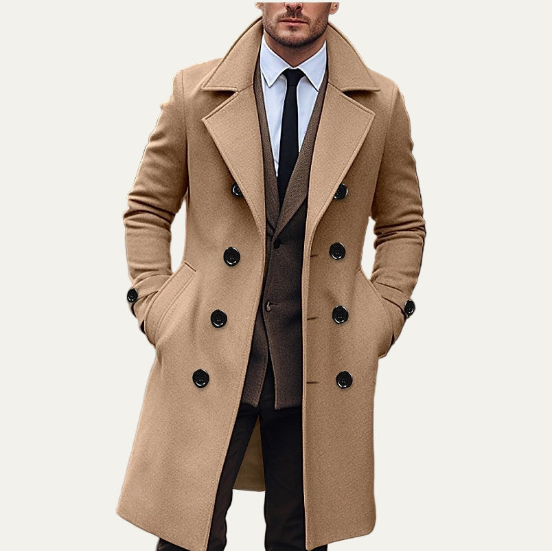 Men’s Double-Breasted Wool-Blend Long Overcoat