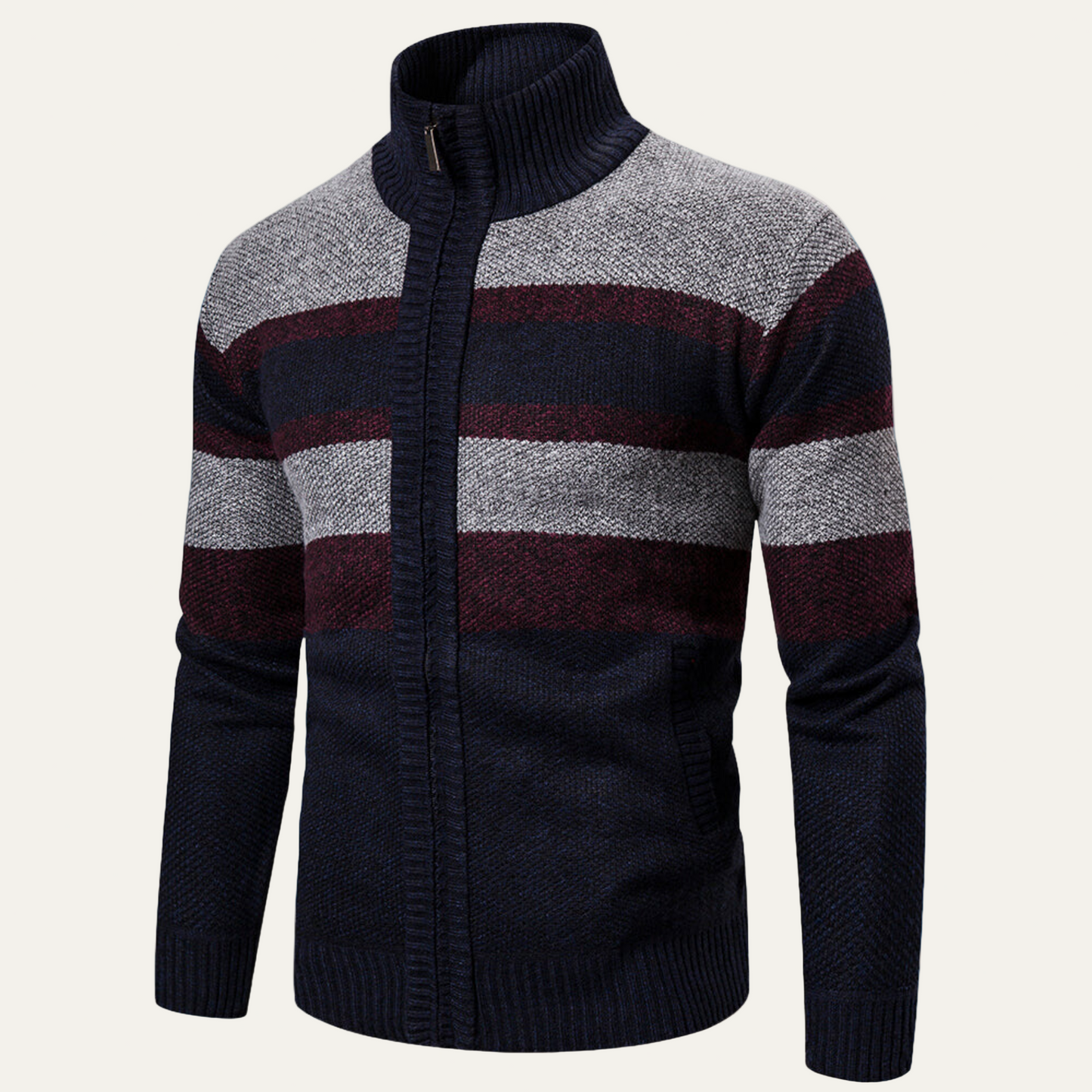 Men’s Zip-Up Knit Jacket with Striped Pattern