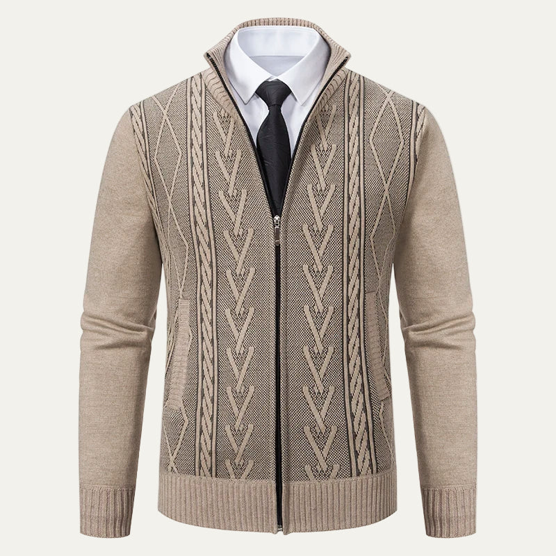 Men’s Textured Zip-Up Knit Cardigan with Stand Collar