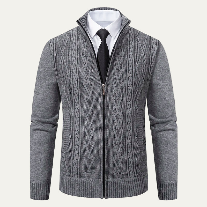 Men’s Textured Zip-Up Knit Cardigan with Stand Collar