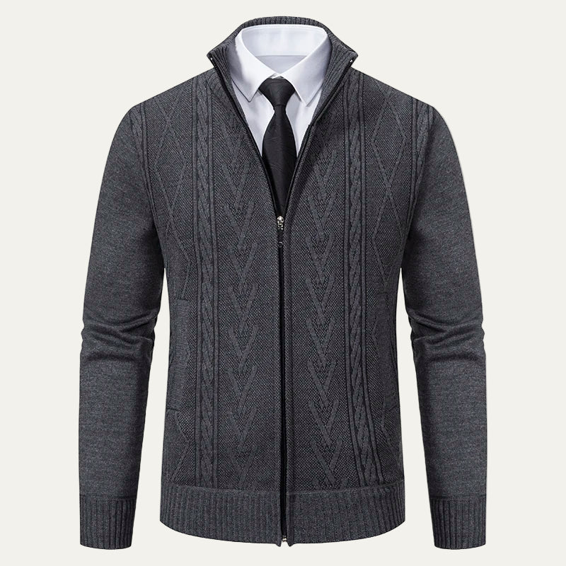 Men’s Textured Zip-Up Knit Cardigan with Stand Collar