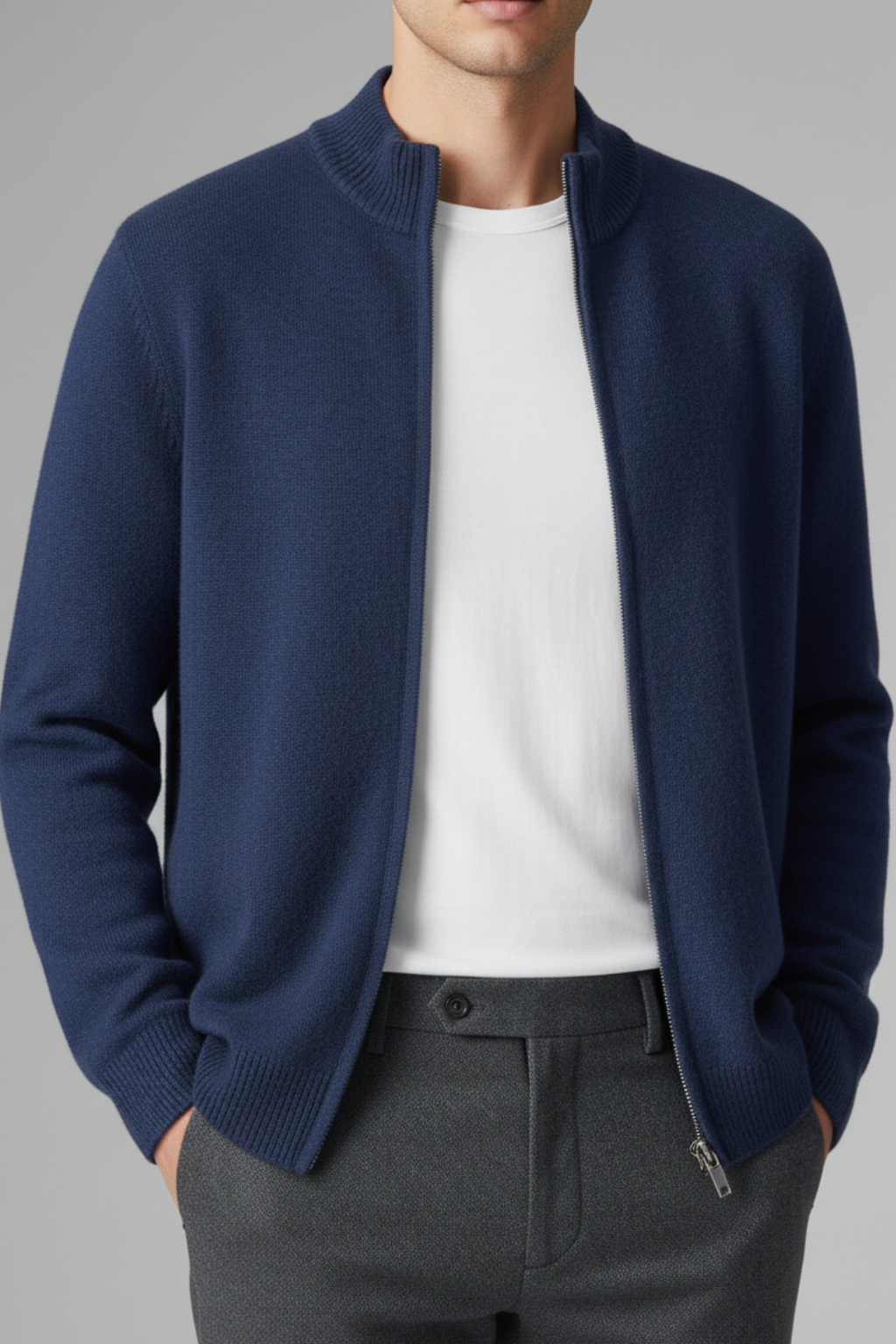 Men’s High Neck Full Zip Knit Bomber Cardigan