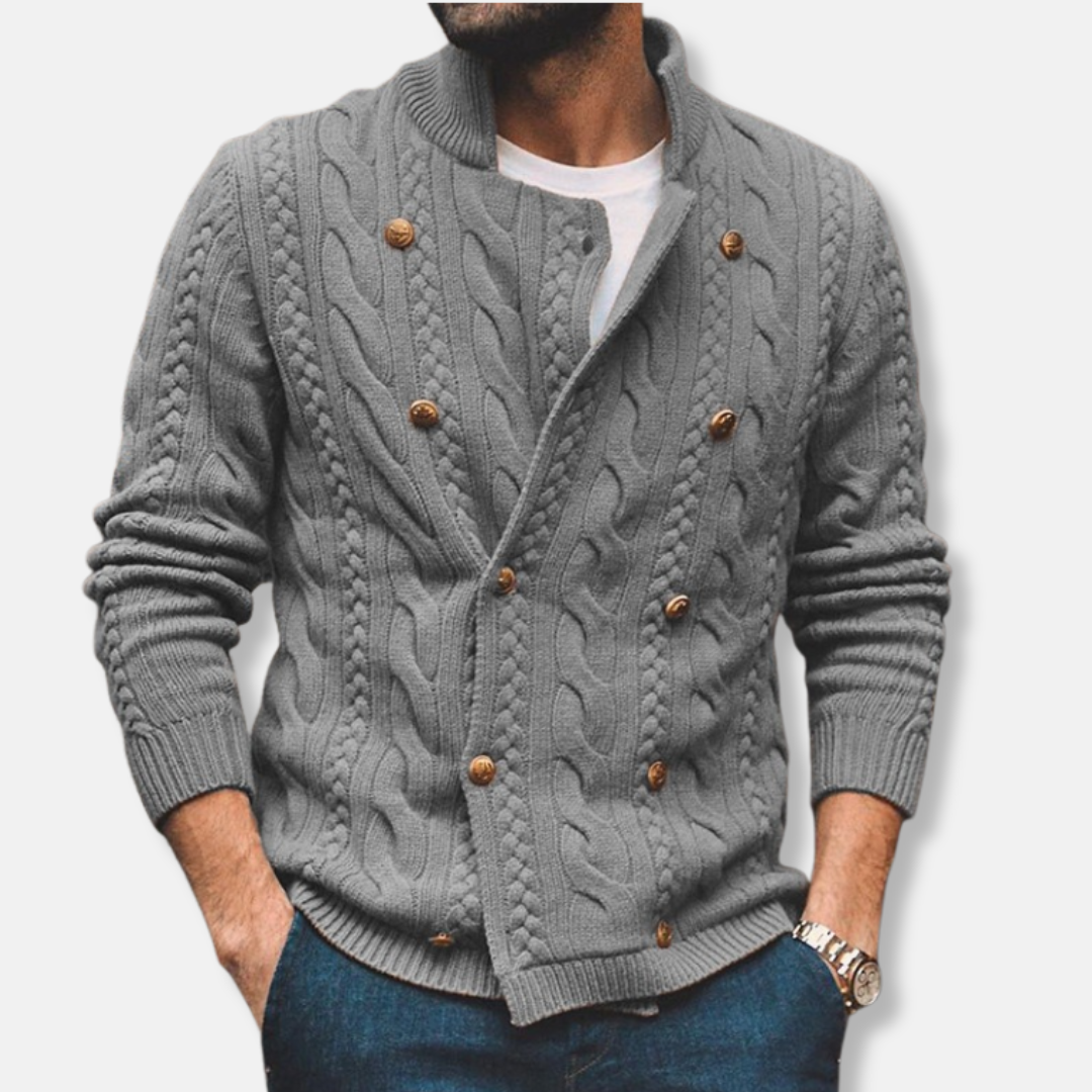 Men’s Cardigan – Wool Blend – Cable Knit – Double-Breasted – Semi-High Collar