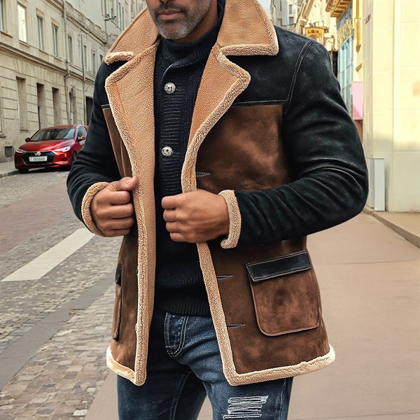 Men’s Casual Jacket – Faux Suede – Shearling Trim – Tailored Fit – Button Front