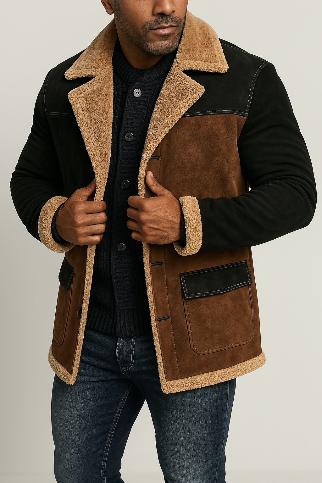 Men’s Casual Jacket – Faux Suede – Shearling Trim – Tailored Fit – Button Front