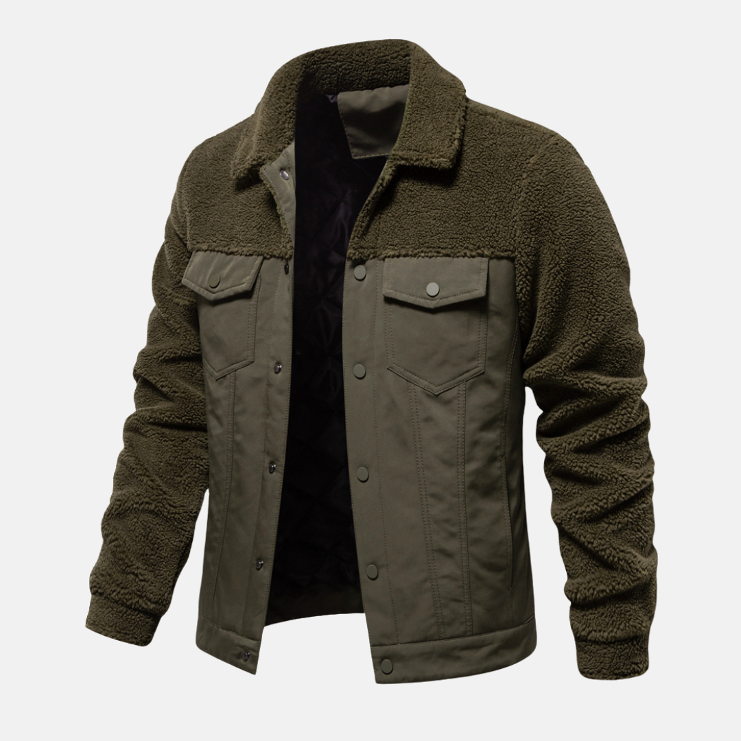 Men’s Casual Jacket – Regular Fit – Wool Panel Sleeves – Button Front – Hip Length