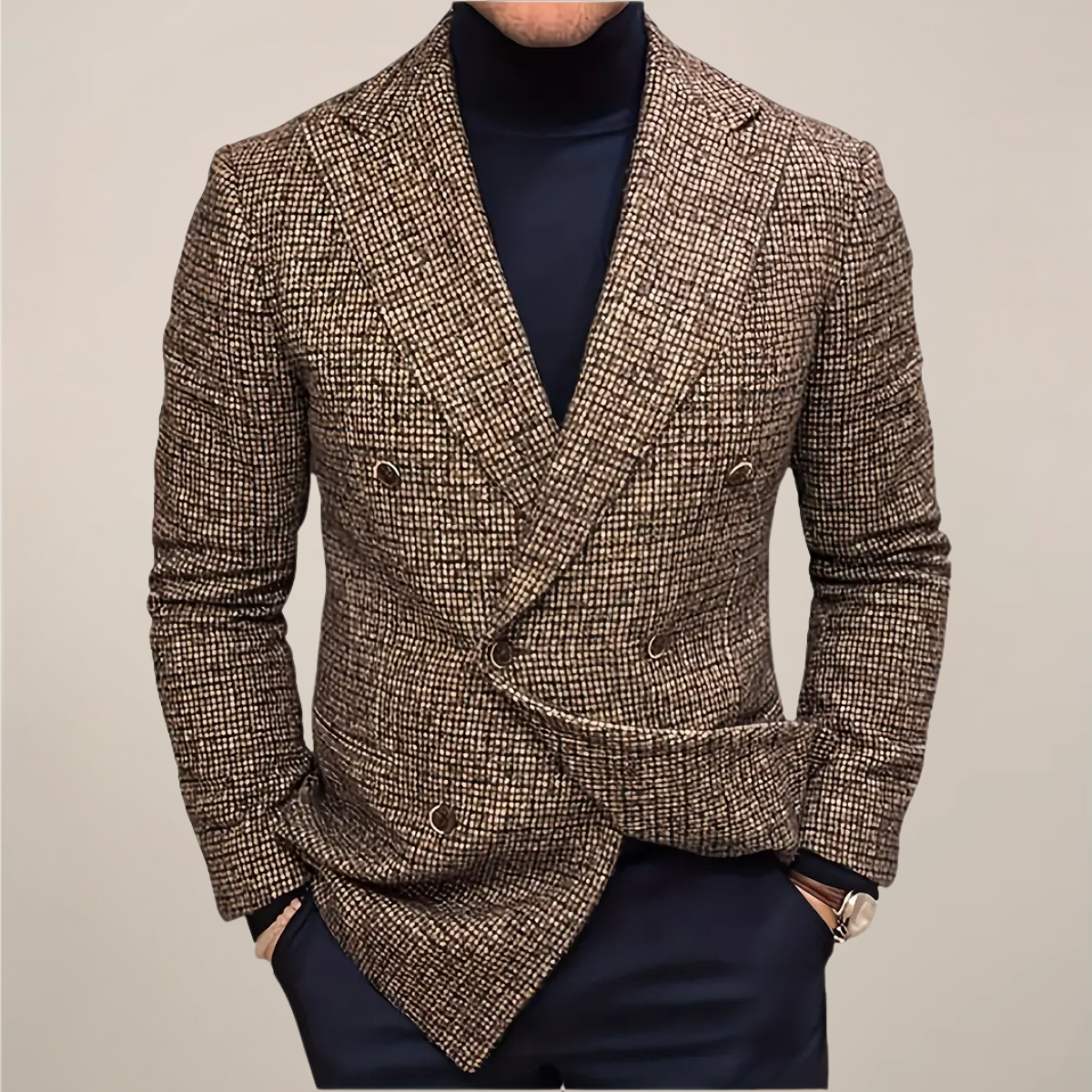 Men’s Double-Breasted Slim Fit Blazer – Check Pattern Tailored Jacket