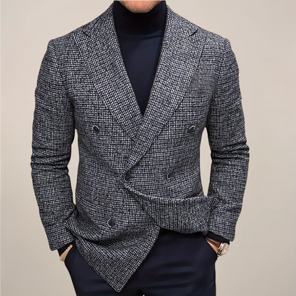 Men’s Double-Breasted Slim Fit Blazer – Check Pattern Tailored Jacket