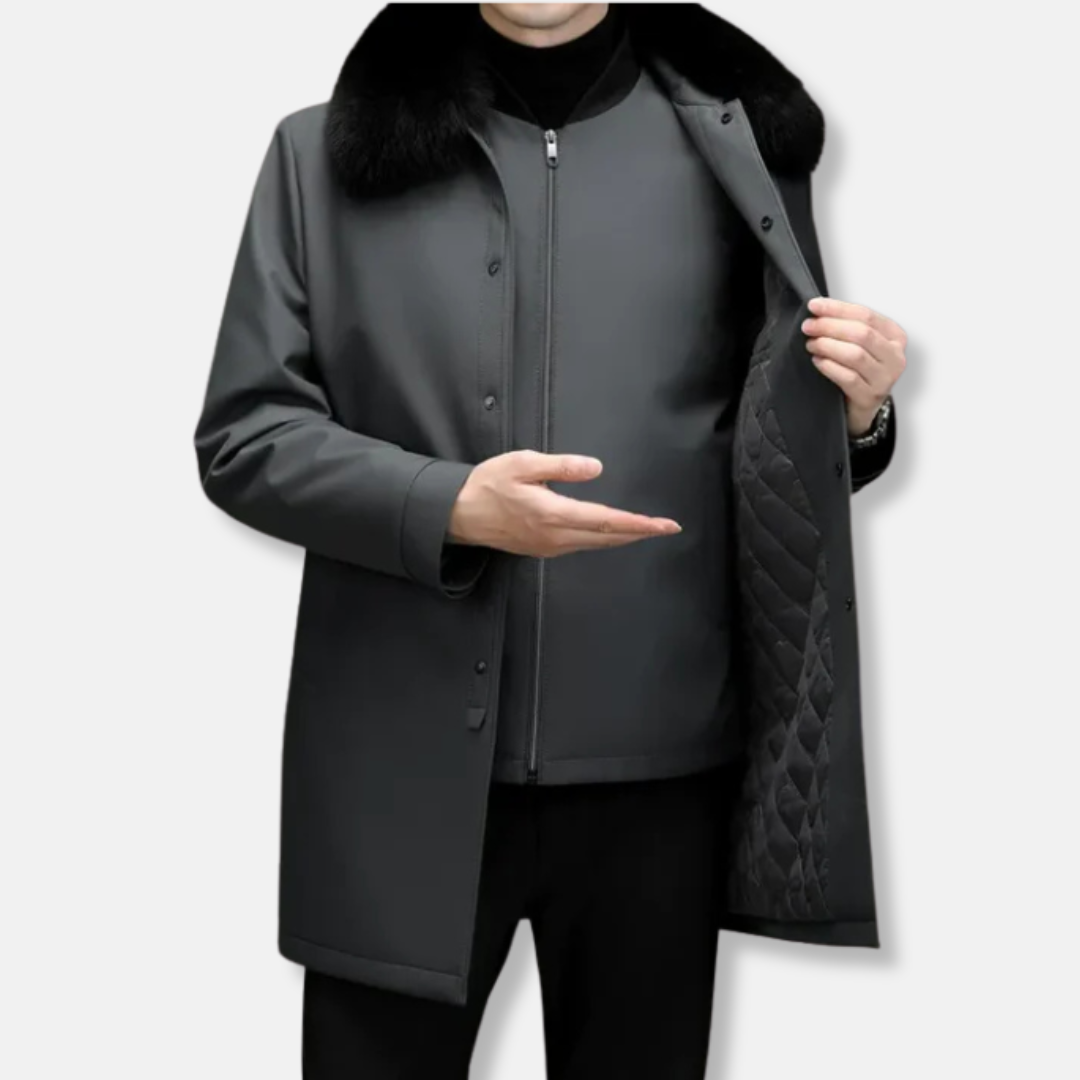 Men’s Down Jacket – Mid-Length Fit – Detachable Fur Collar – Water-Repellent Windproof