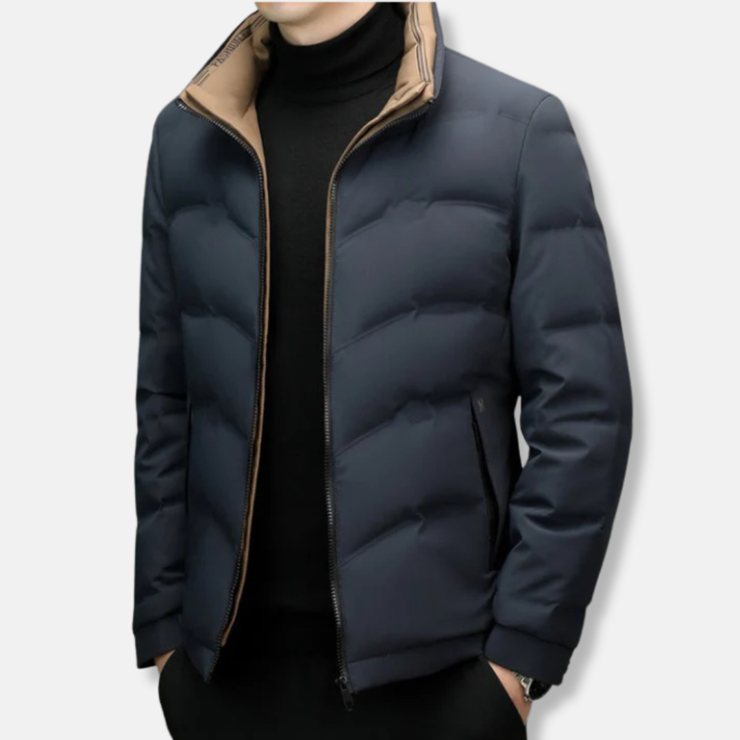 Men’s Down Jacket – Regular Fit – Quilted Chevron – Stand Collar – Zipper Pockets
