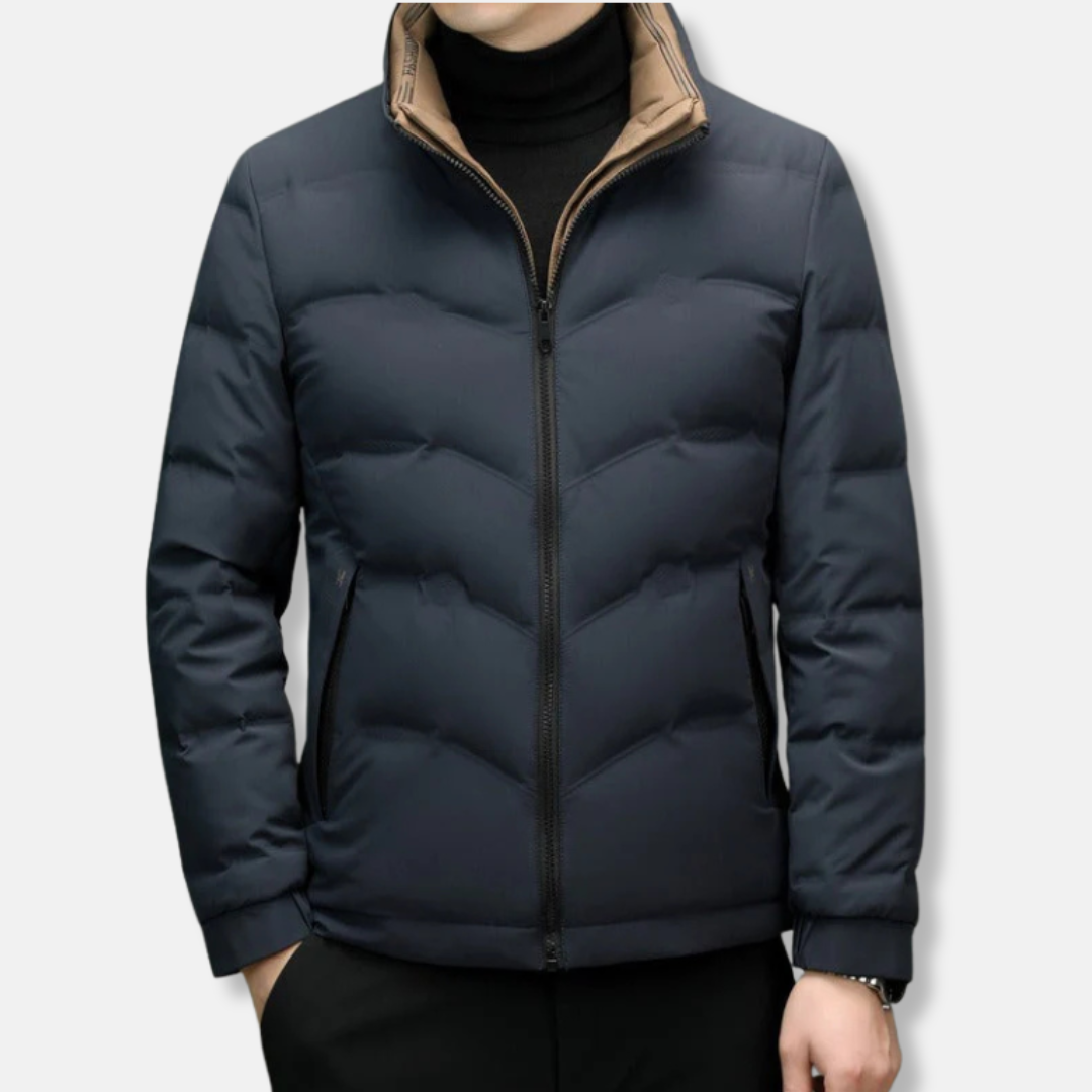 Men’s Down Jacket – Regular Fit – Quilted Chevron – Stand Collar – Zipper Pockets