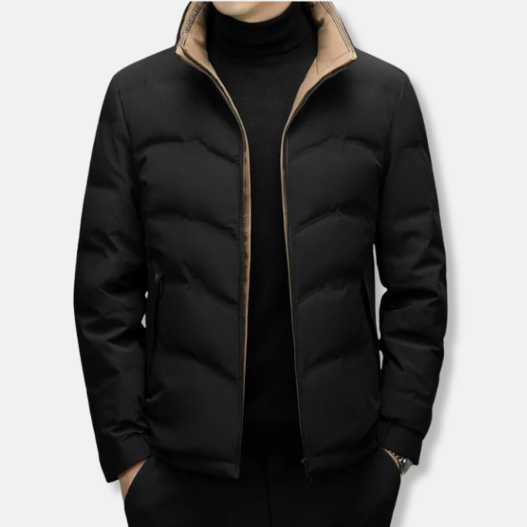 Men’s Down Jacket – Regular Fit – Quilted Chevron – Stand Collar – Zipper Pockets