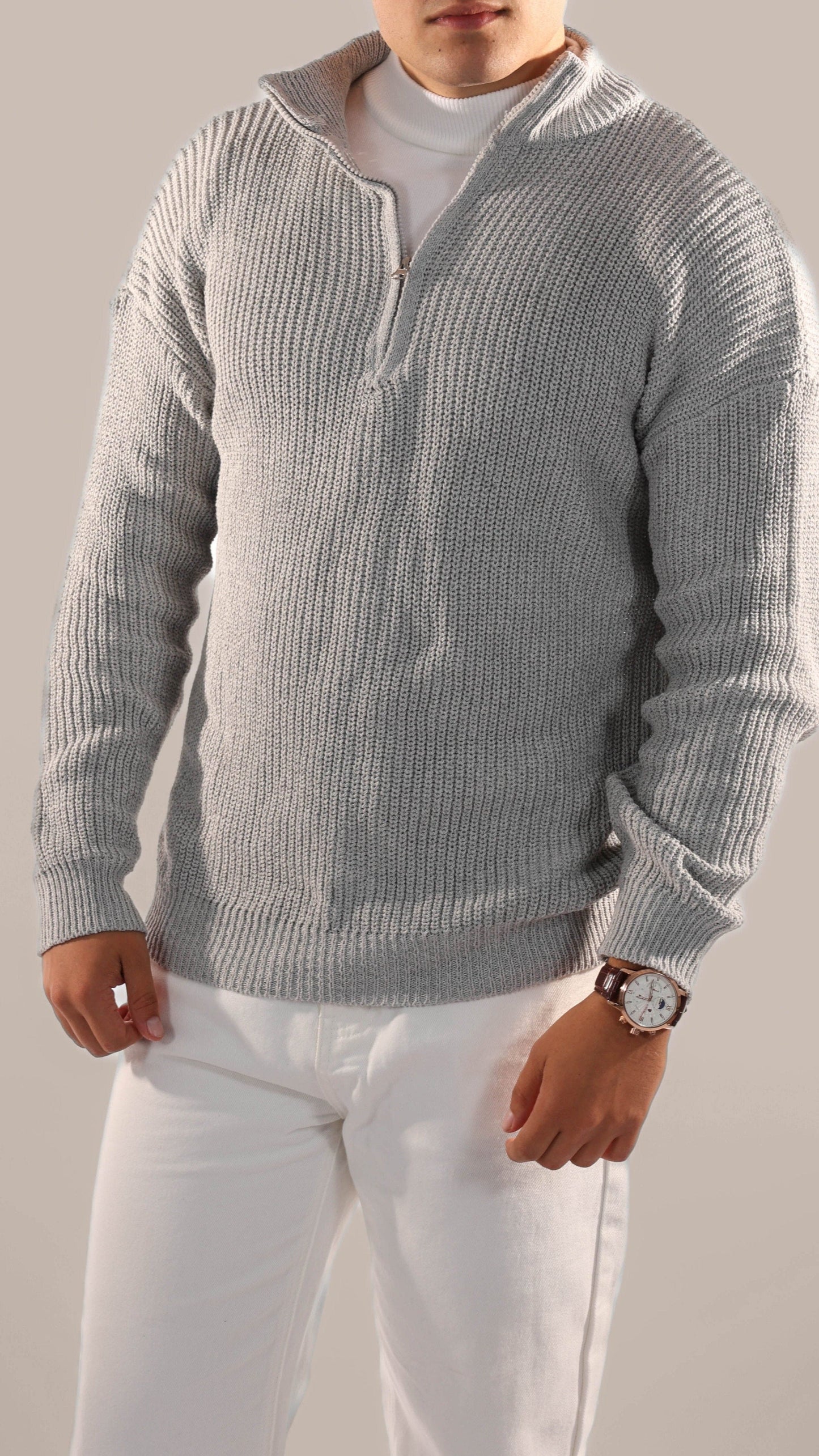 Men’s Half Zip Jumper – Knitted, Stand Collar, Rib Trim