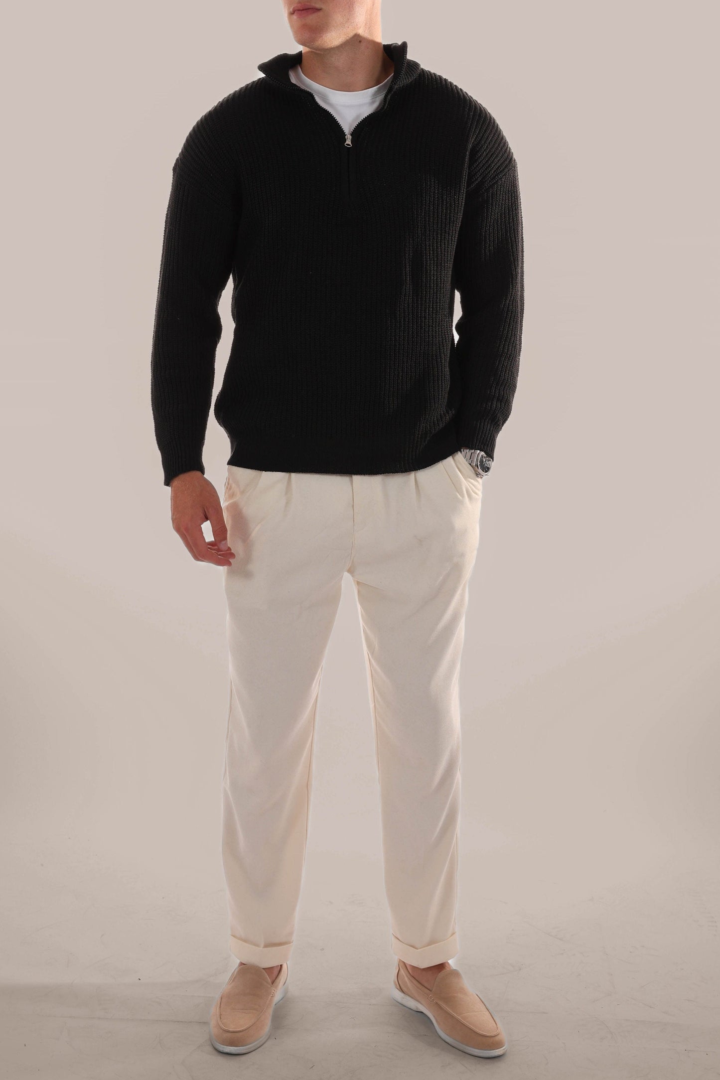 Men’s Half Zip Jumper – Knitted, Stand Collar, Rib Trim