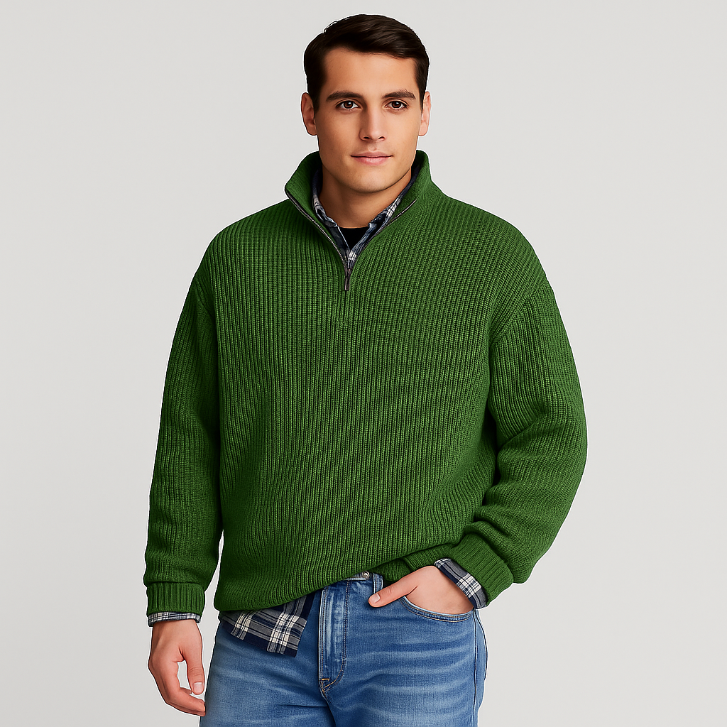 Men’s Half Zip Sweater – Ribbed And Stand Collar Style
