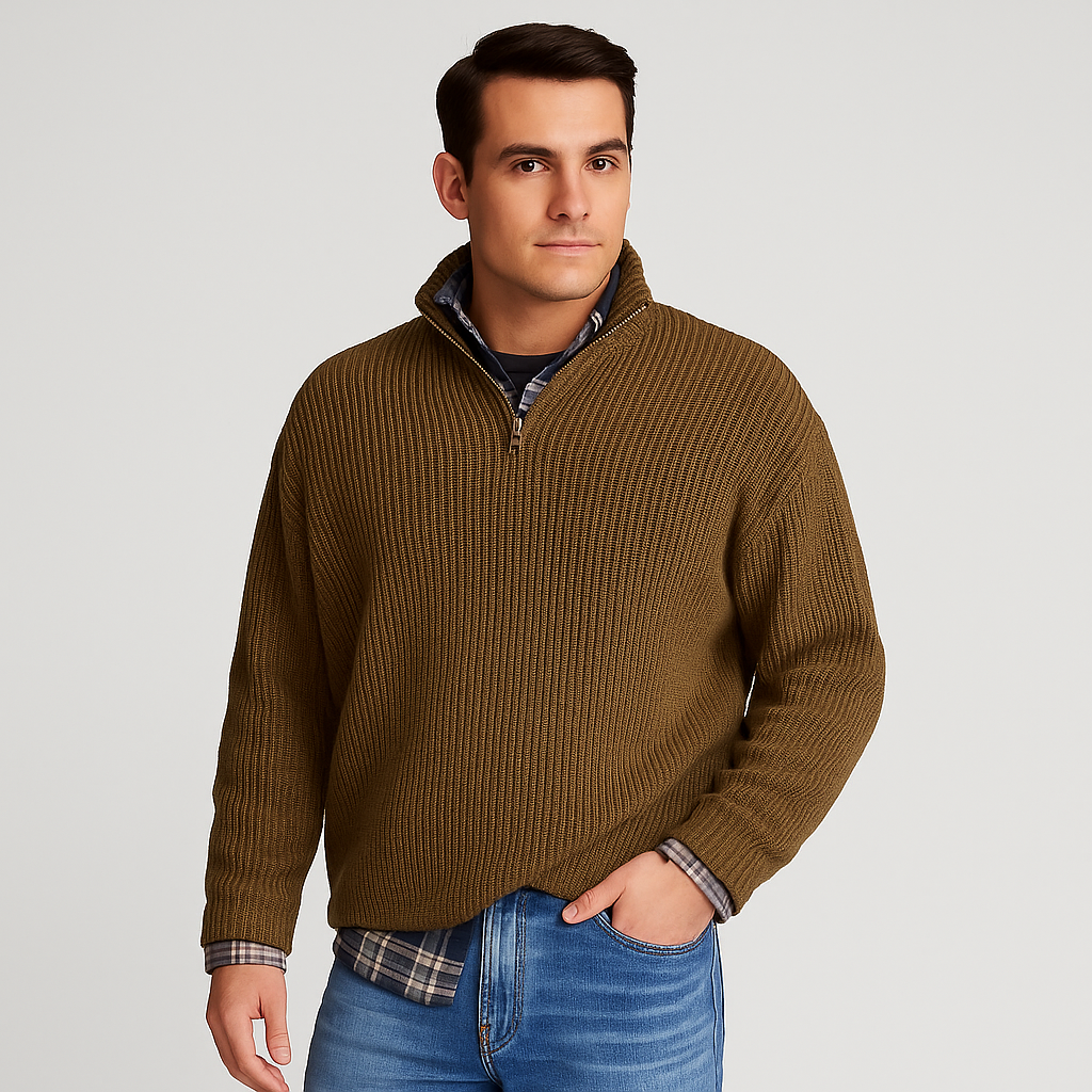 Men’s Half Zip Sweater – Ribbed And Stand Collar Style