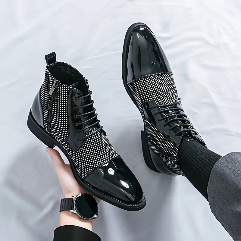 Men’s High-Top Pointed Toe Derby Shoes – Black & White Houndstooth