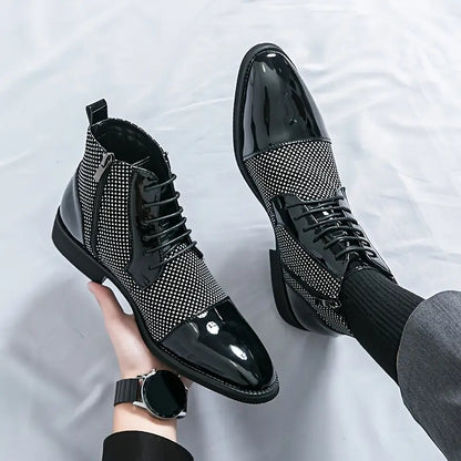 Men’s High-Top Pointed Toe Derby Shoes – Black & White Houndstooth