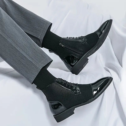 Men’s High-Top Pointed Toe Derby Shoes – Black & White Houndstooth
