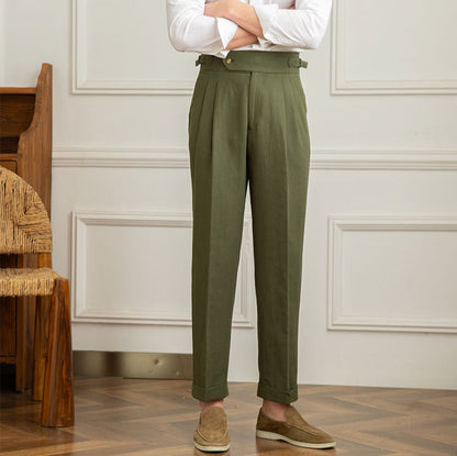 Men's High Waisted Pleated Trousers with Side Adjuster - Italian Style