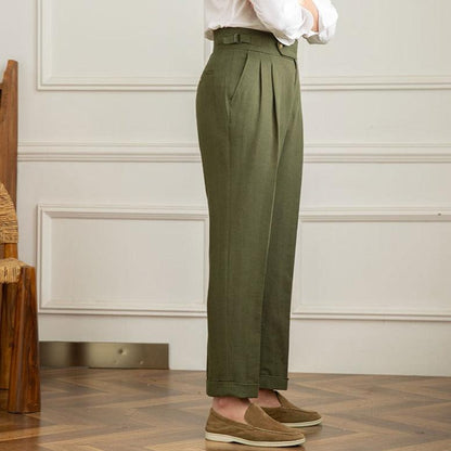 Men's High Waisted Pleated Trousers with Side Adjuster - Italian Style