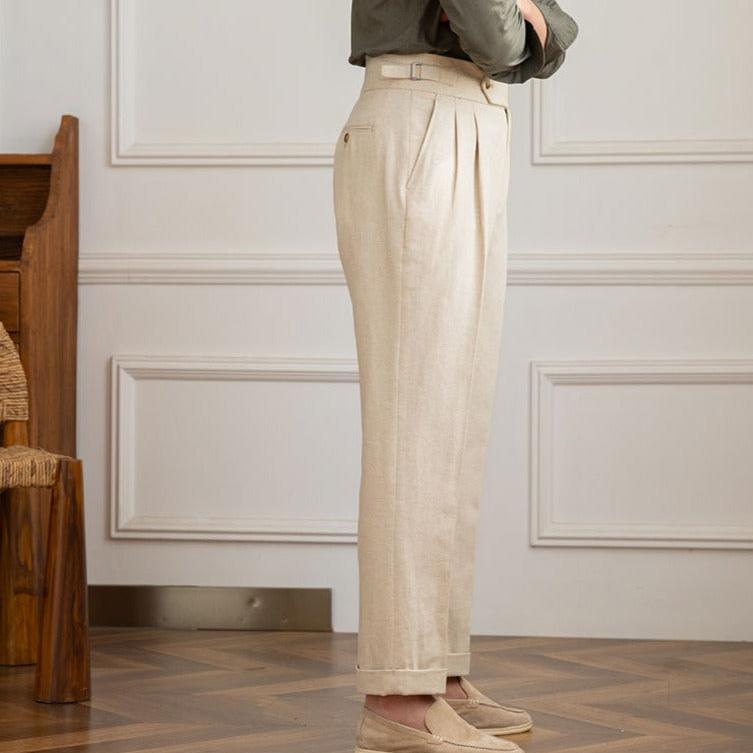 Men's High Waisted Pleated Trousers with Side Adjuster - Italian Style