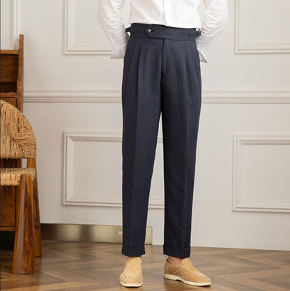 Men's High Waisted Pleated Trousers with Side Adjuster - Italian Style