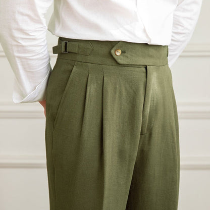 Men's High Waisted Pleated Trousers with Side Adjuster - Italian Style