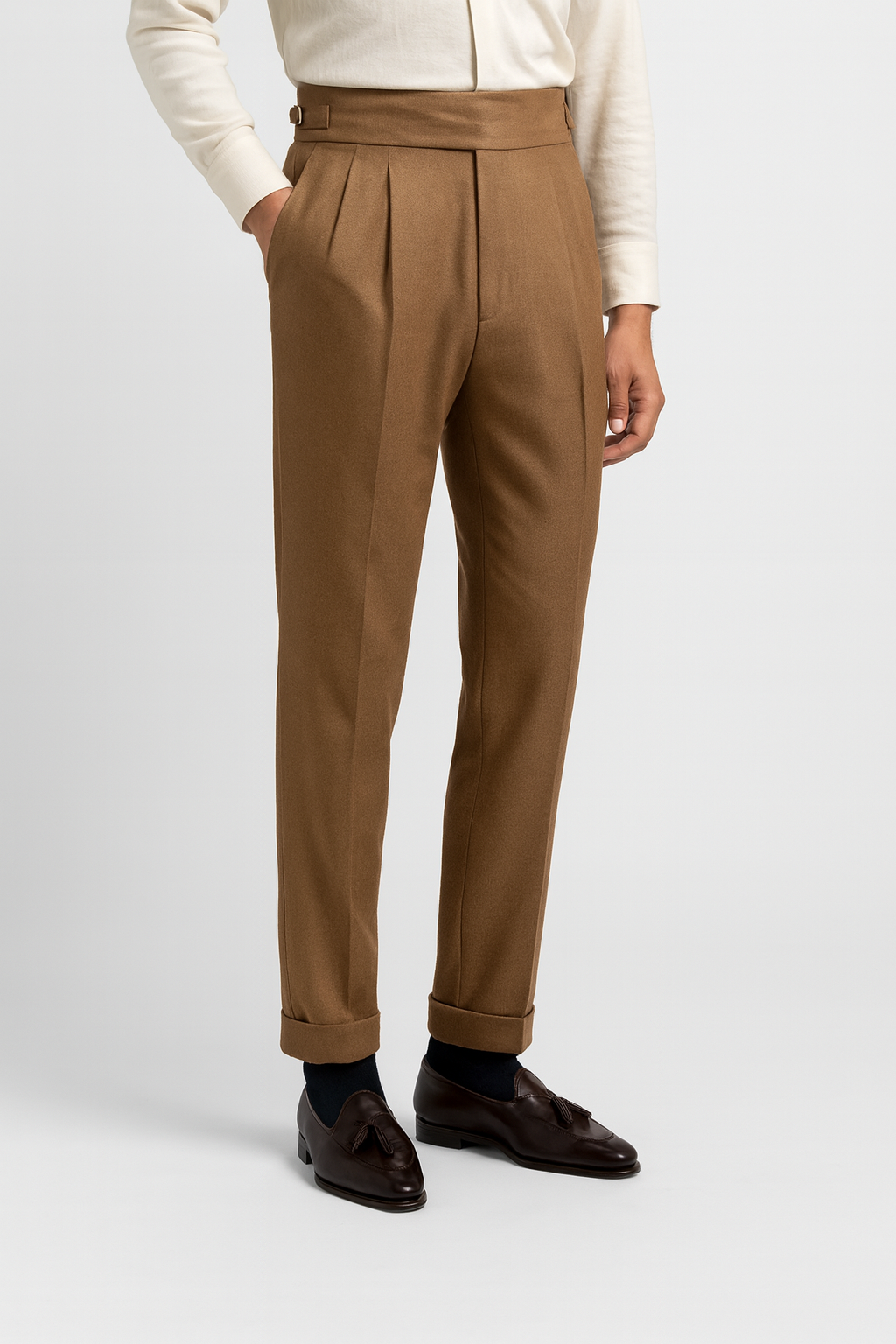 Men’s High-Waisted Pleated Trousers – Side Adjusters, Cuffed Hem