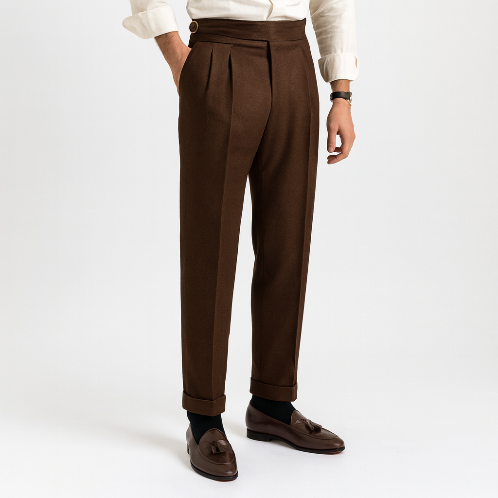 Men’s High-Waisted Pleated Trousers – Side Adjusters, Cuffed Hem