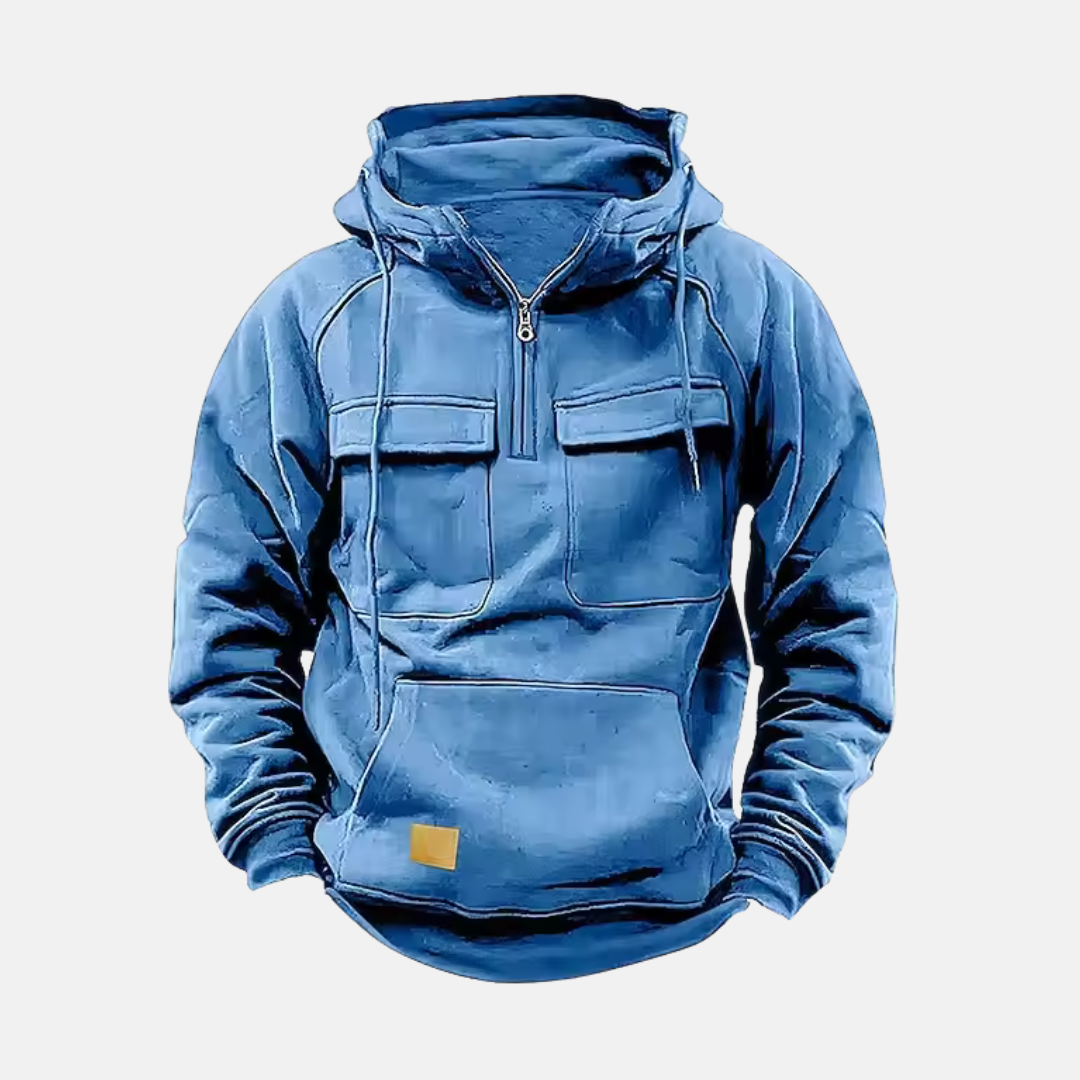Men’s Hooded Jacket – Relaxed Fit – Leather Look – Half Zip – Multiple Pockets – Casual Style