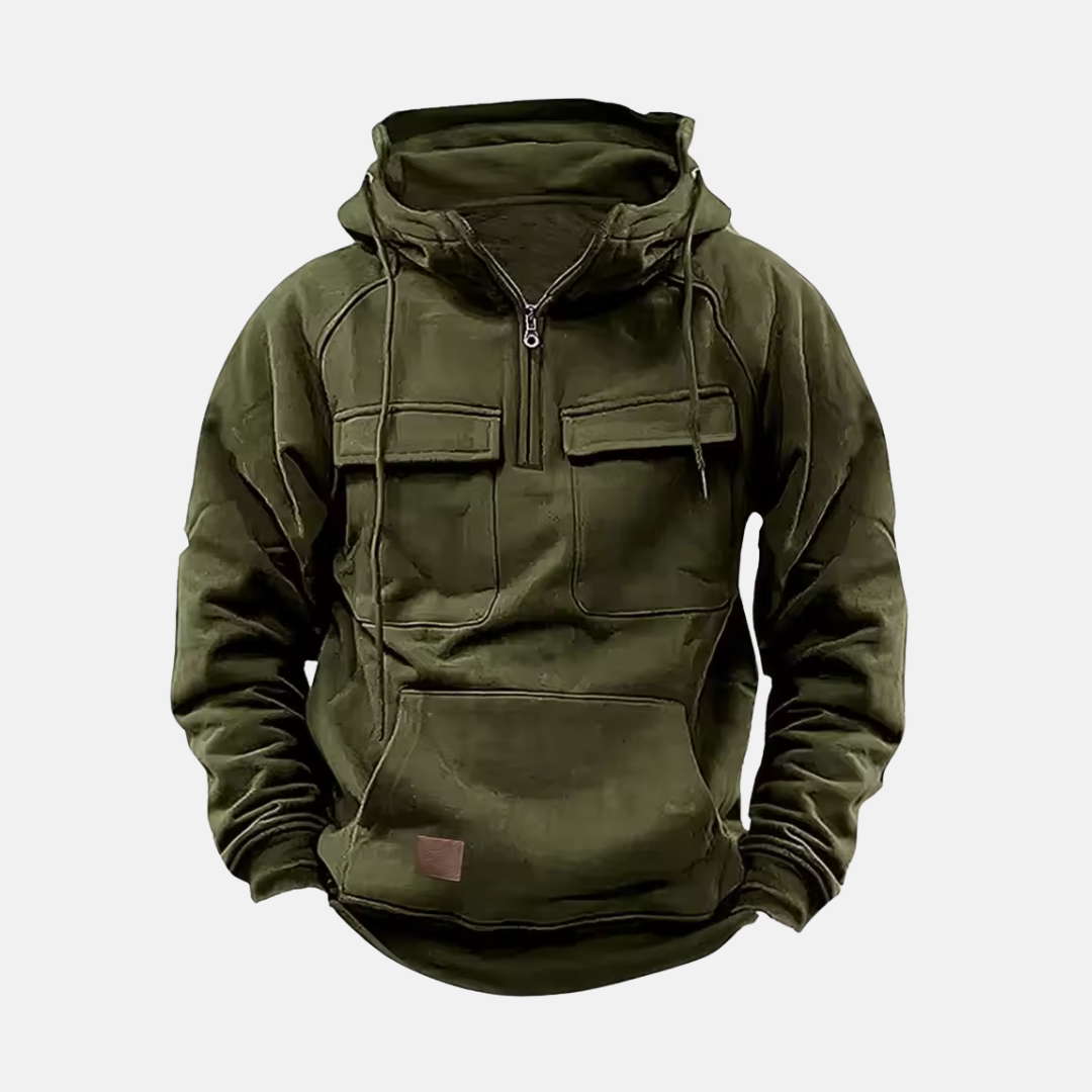 Men’s Hooded Jacket – Relaxed Fit – Leather Look – Half Zip – Multiple Pockets – Casual Style