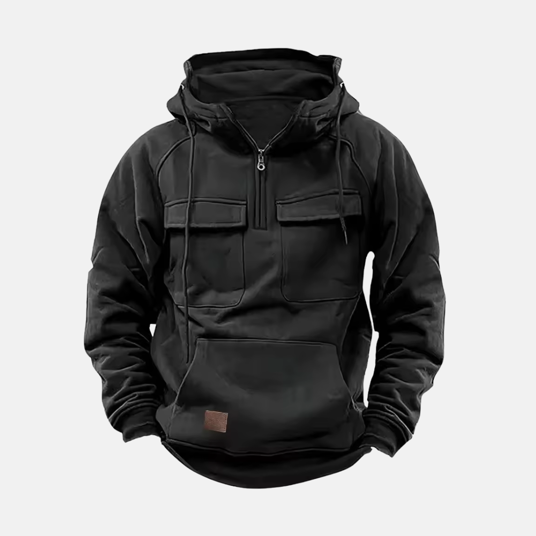 Men’s Hooded Jacket – Relaxed Fit – Leather Look – Half Zip – Multiple Pockets – Casual Style
