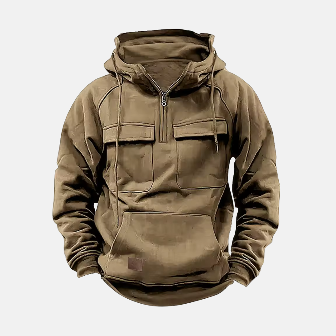 Men’s Hooded Jacket – Relaxed Fit – Leather Look – Half Zip – Multiple Pockets – Casual Style