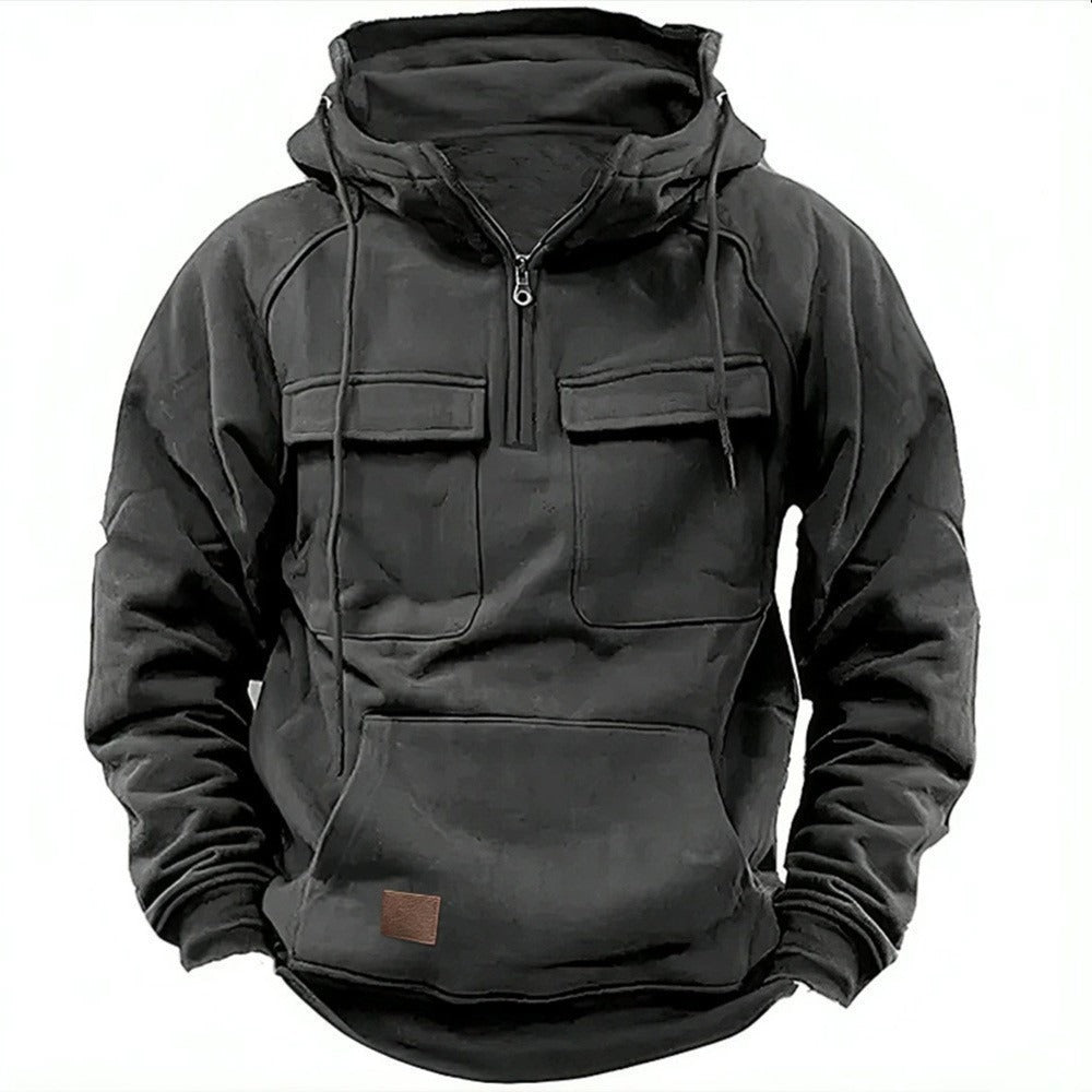 Men’s Hoodie – Relaxed Fit – Half Zip – Chest Flap Pockets – Cotton Fleece