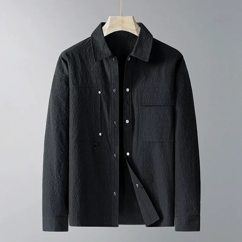 Men’s Jacket – Loose Fit – Textured Fabric – Pointed Lapel – Chest Pockets – D-Ring Detail