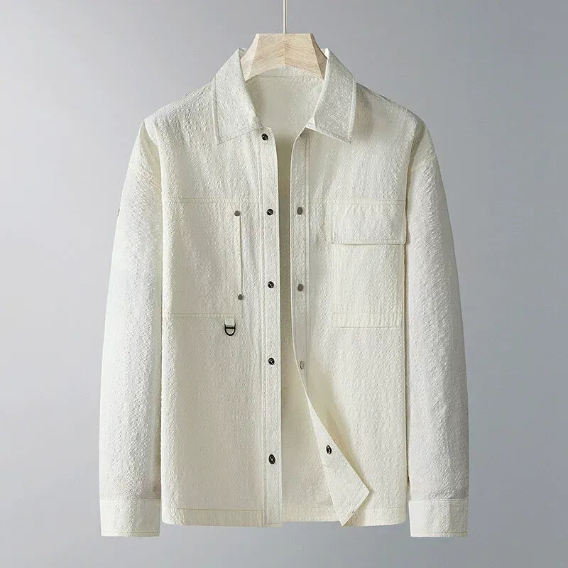 Men’s Jacket – Loose Fit – Textured Fabric – Pointed Lapel – Chest Pockets – D-Ring Detail