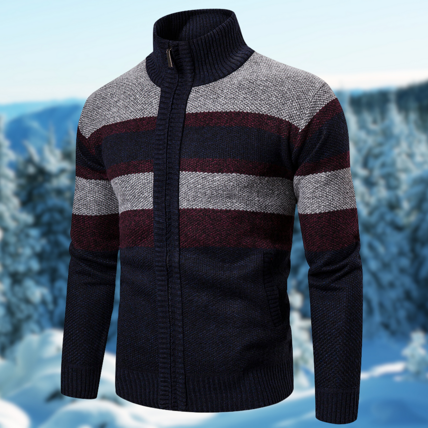 Men’s Knit Jacket – Regular Fit – Ribbed Mock Neck – Full Zip – Textured Stripes