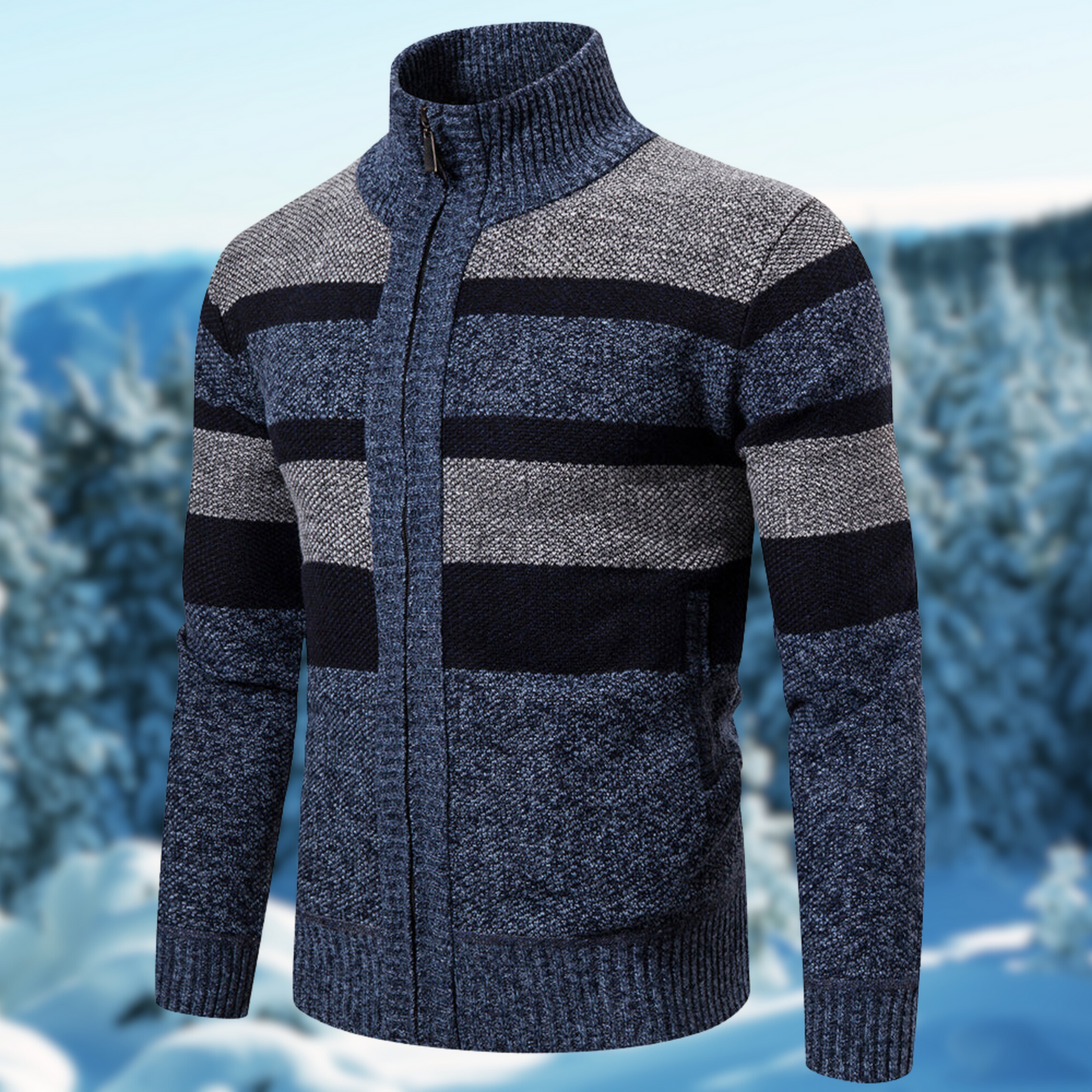 Men’s Knit Jacket – Regular Fit – Ribbed Mock Neck – Full Zip – Textured Stripes