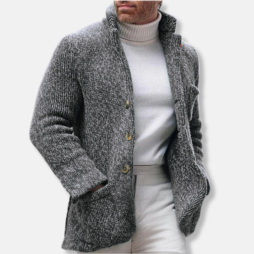 Men’s Knit Jacket – Regular Fit – Stand Collar – Button Front – Patch Pockets