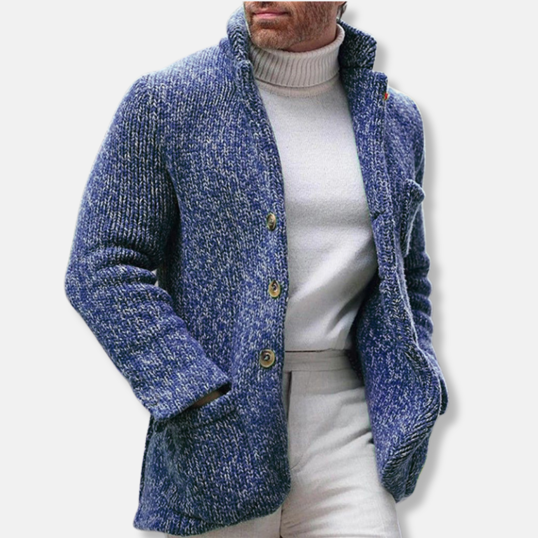 Men’s Knit Jacket – Regular Fit – Stand Collar – Button Front – Patch Pockets