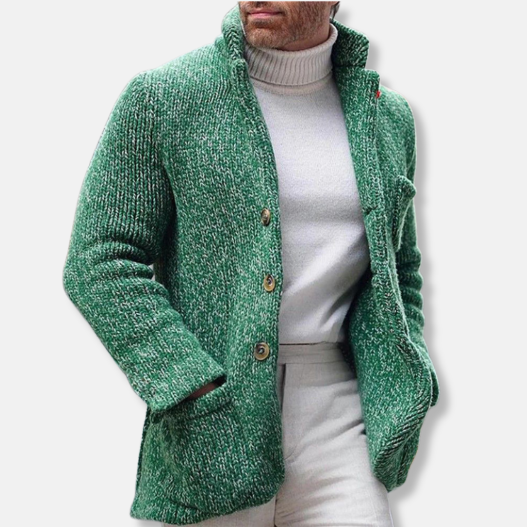 Men’s Knit Jacket – Regular Fit – Stand Collar – Button Front – Patch Pockets