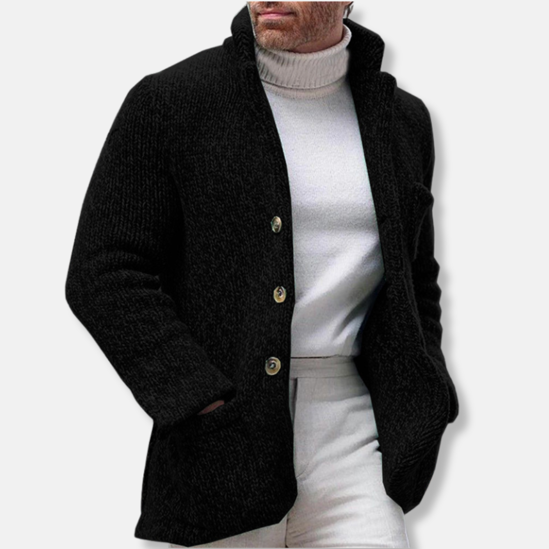Men’s Knit Jacket – Regular Fit – Stand Collar – Button Front – Patch Pockets