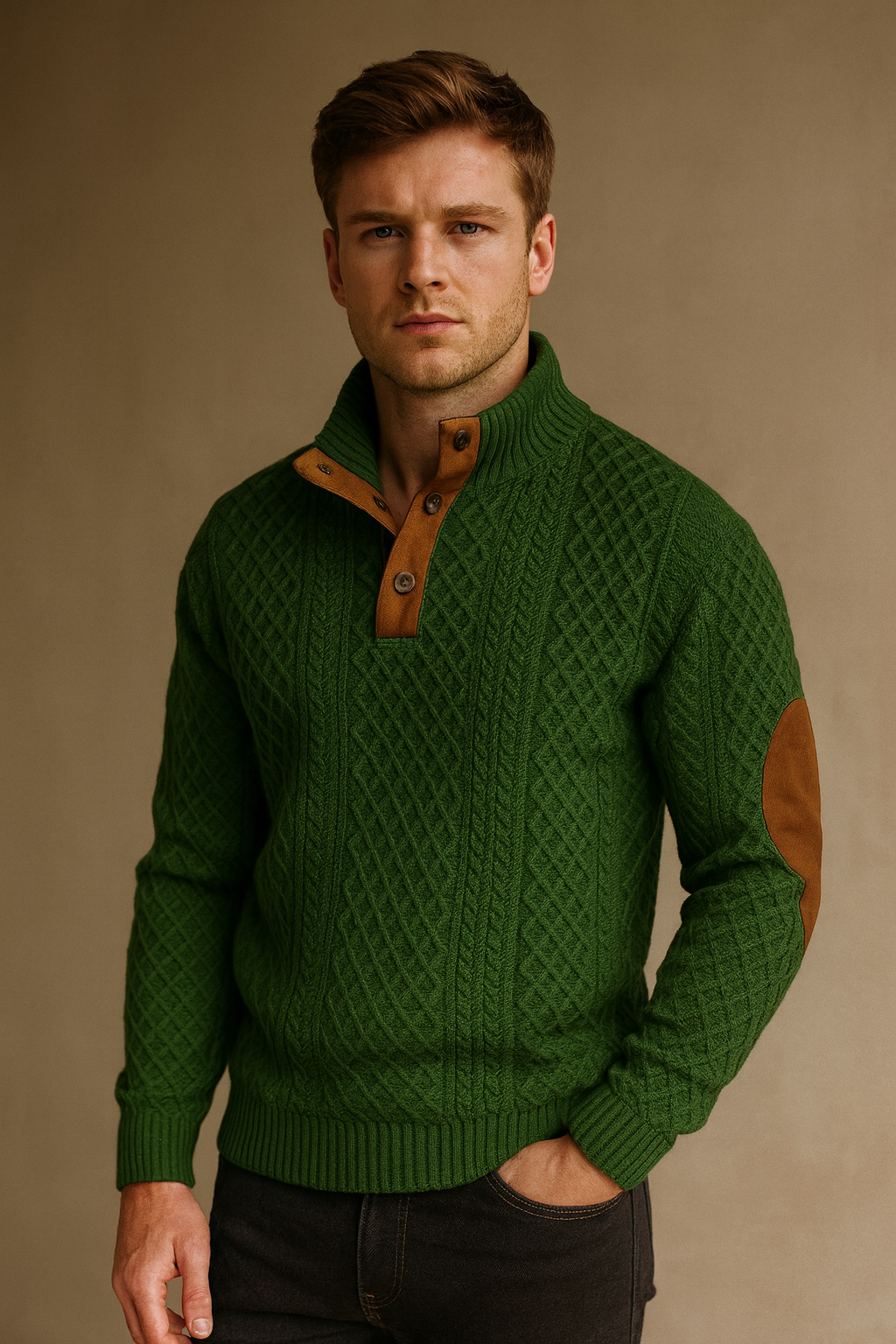 Men’s Knitted Sweater – Classic Jacquard Design with Button Collar and Elbow Patches