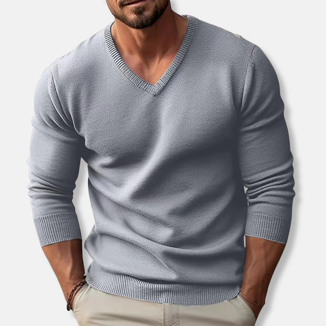 Men’s Knitted Sweater – Slim Fit – V-Neck – Long Sleeve – Soft Cotton Texture